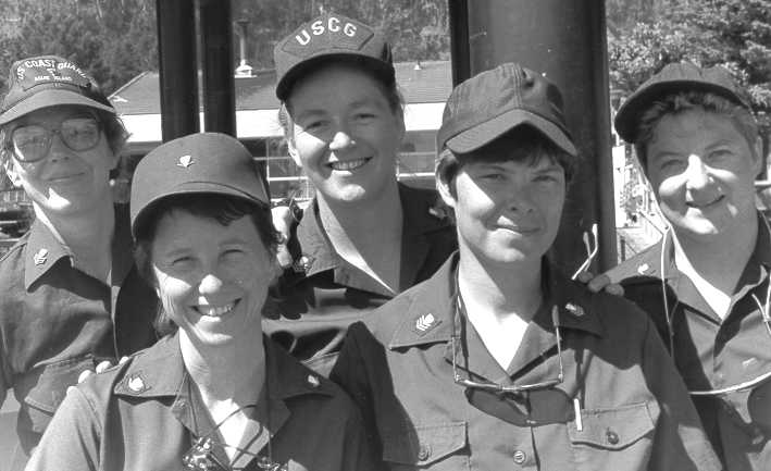 The all female crew of a Yerba Buena Island 41-footer; left to right: BM1 Jane Piereth, BM3 Gail Wheeler, MK1 Esther Liberman, BM1 Becky Post, BM3 Adele Fiorillo; April 1989. Photo by PA1 Ron Cabral. The all female crew of a Yerba Buena Island 41-footer; left to right: BM1 Jane Piereth, BM3 Gail Wheeler, MK1 Esther Liberman, BM1 Becky Post, BM3 Adele Fiorillo; April 1989. Photo by PA1 Ron Cabral.